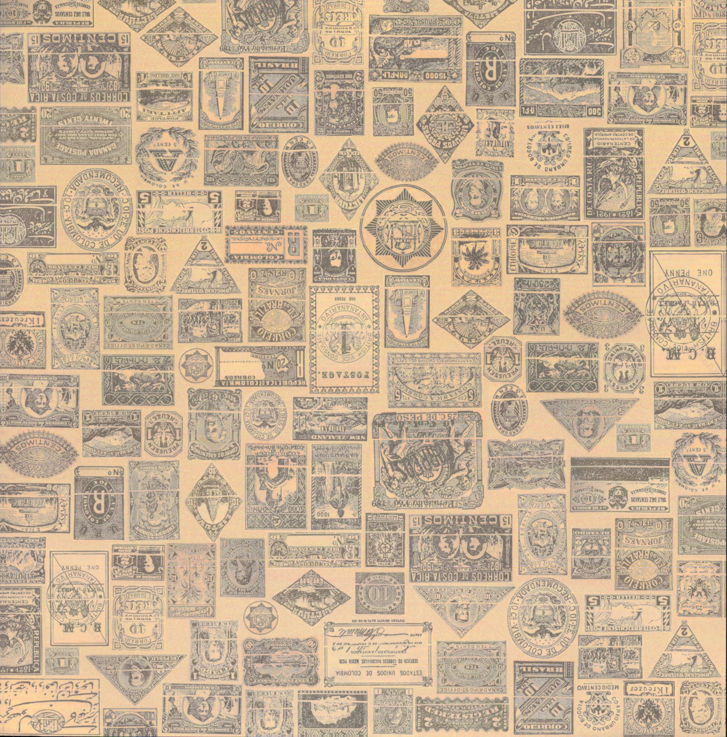 Design Originals Vintage Maps World Stamps 12x12 scrapbook paper with dense antique postage stamp collage in steel blue-grey on golden amber