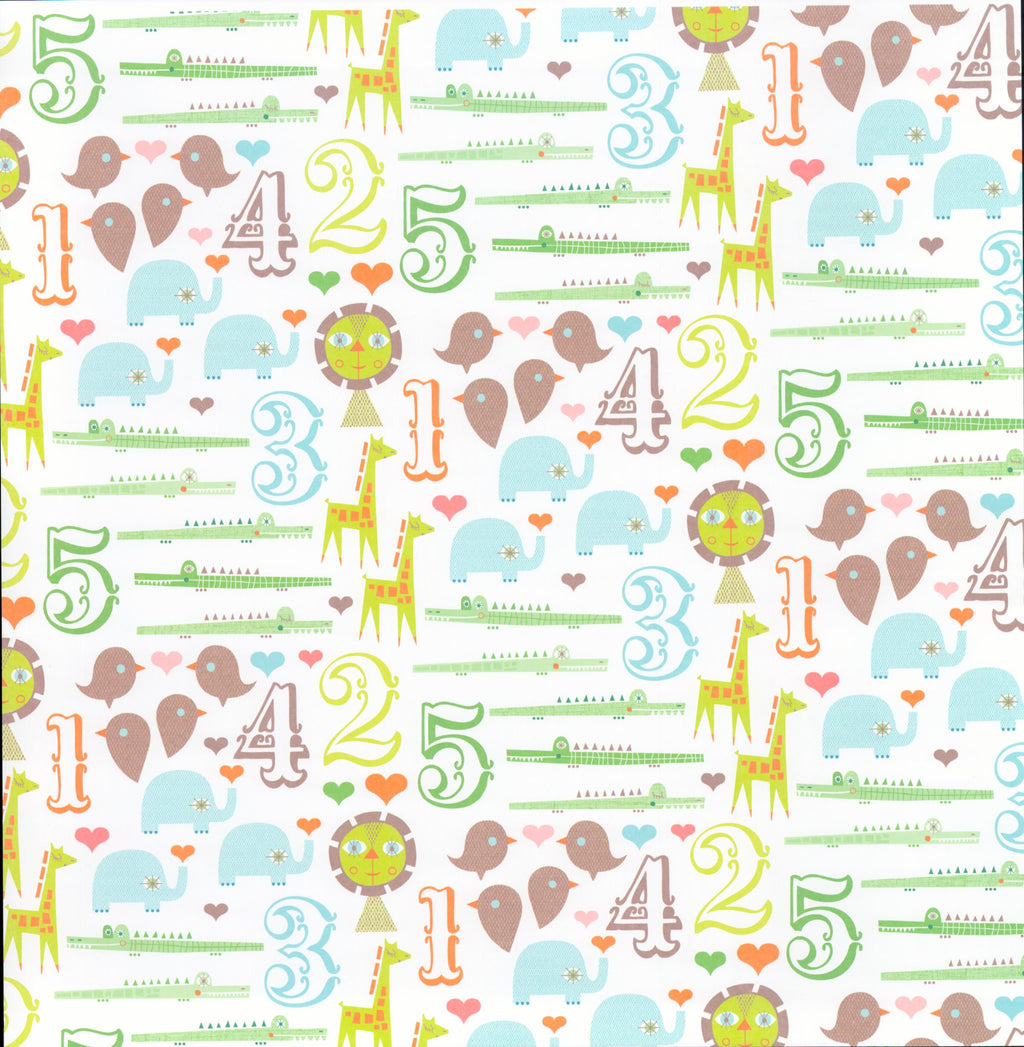 Doodlebug Design Counting Critters Leaves 12x12 scrapbook paper - front side soft lime green background with scattered white leaf silhouettes and tiny white dots
