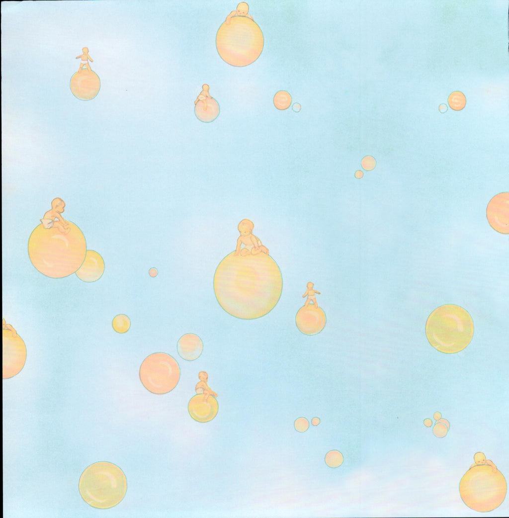Design Originals Baby Bubbles Blue 12x12 scrapbook paper - soft sky blue watercolor background with scattered peach and golden bubbles and sweet baby silhouettes