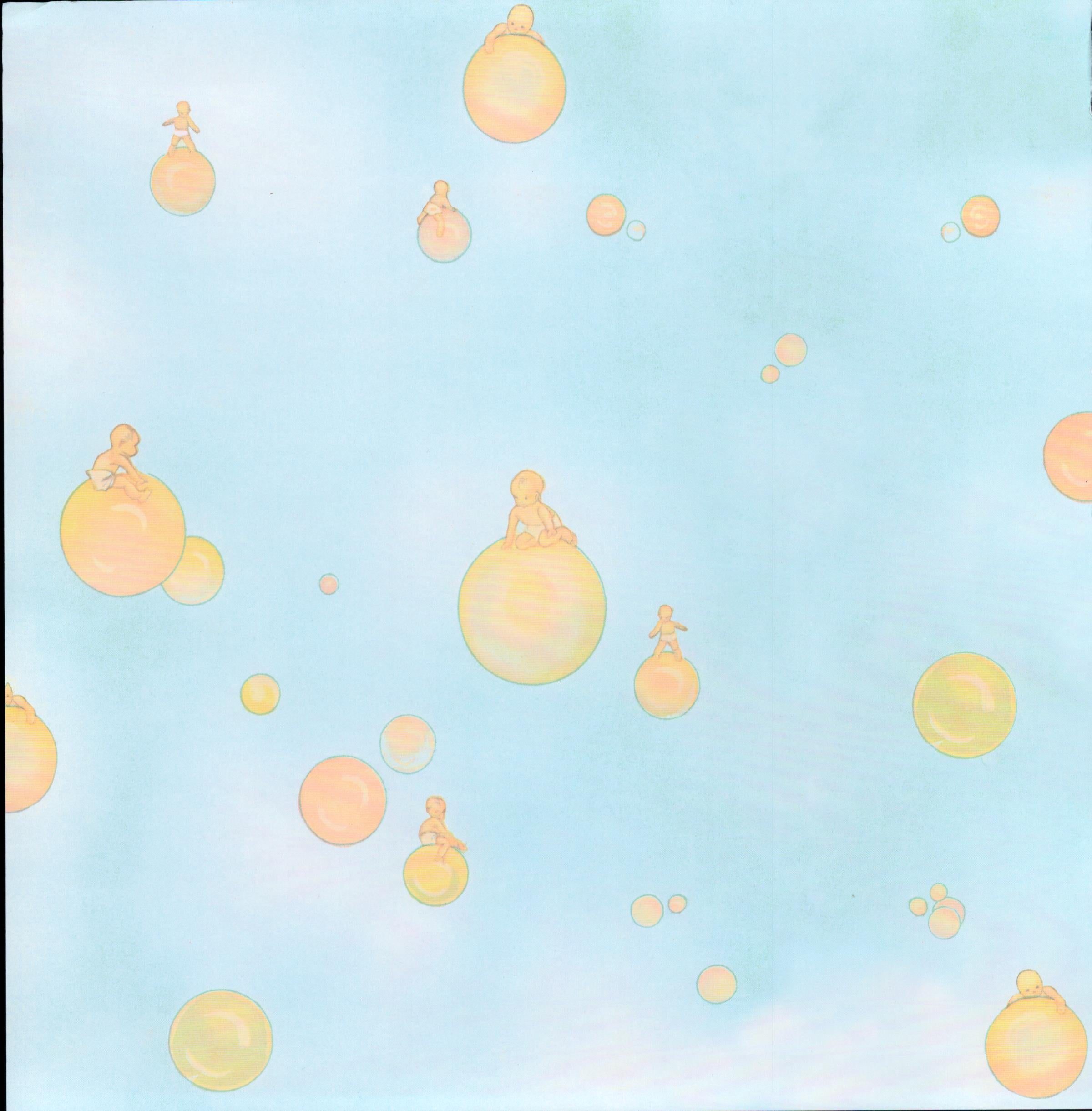 Design Originals Baby Bubbles Blue 12x12 scrapbook paper - soft sky blue watercolor background with scattered peach and golden bubbles and sweet baby silhouettes