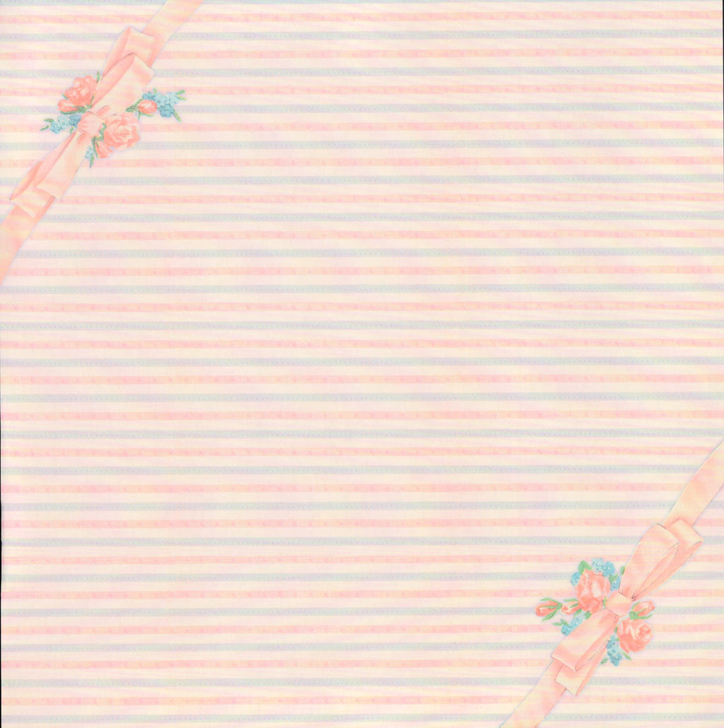 Design Originals Baby Stripes 12x12 scrapbook paper - watercolor horizontal stripes in blush pink lavender and cream with peach ribbon and rosebud corner accents