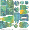 PaperWERX Big Kahuna Tags & Embellishments 12x12 scrapbook paper - full sheet of die-cut-ready tags and embellishments in teal green blue and golden yellow watercolor batik textures