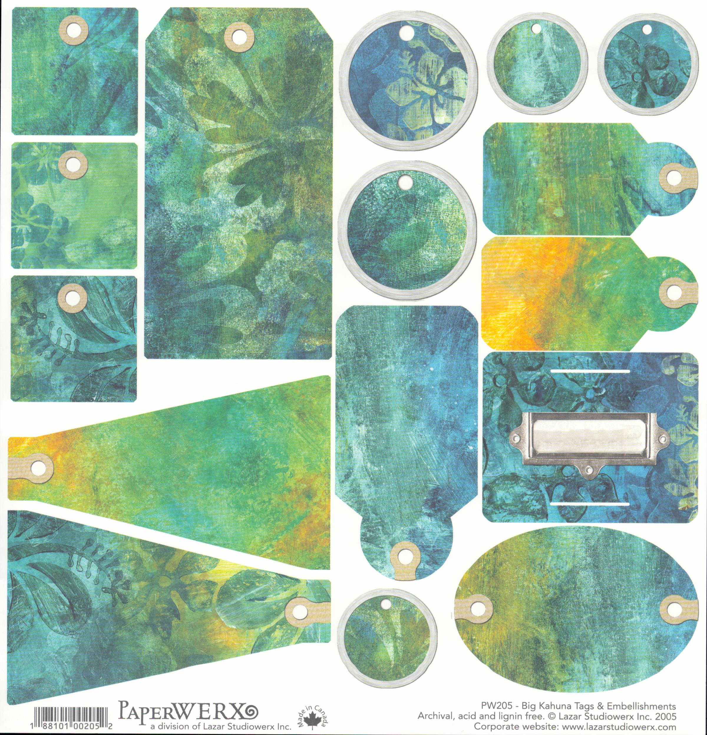 PaperWERX Big Kahuna Tags & Embellishments 12x12 scrapbook paper - full sheet of die-cut-ready tags and embellishments in teal green blue and golden yellow watercolor batik textures