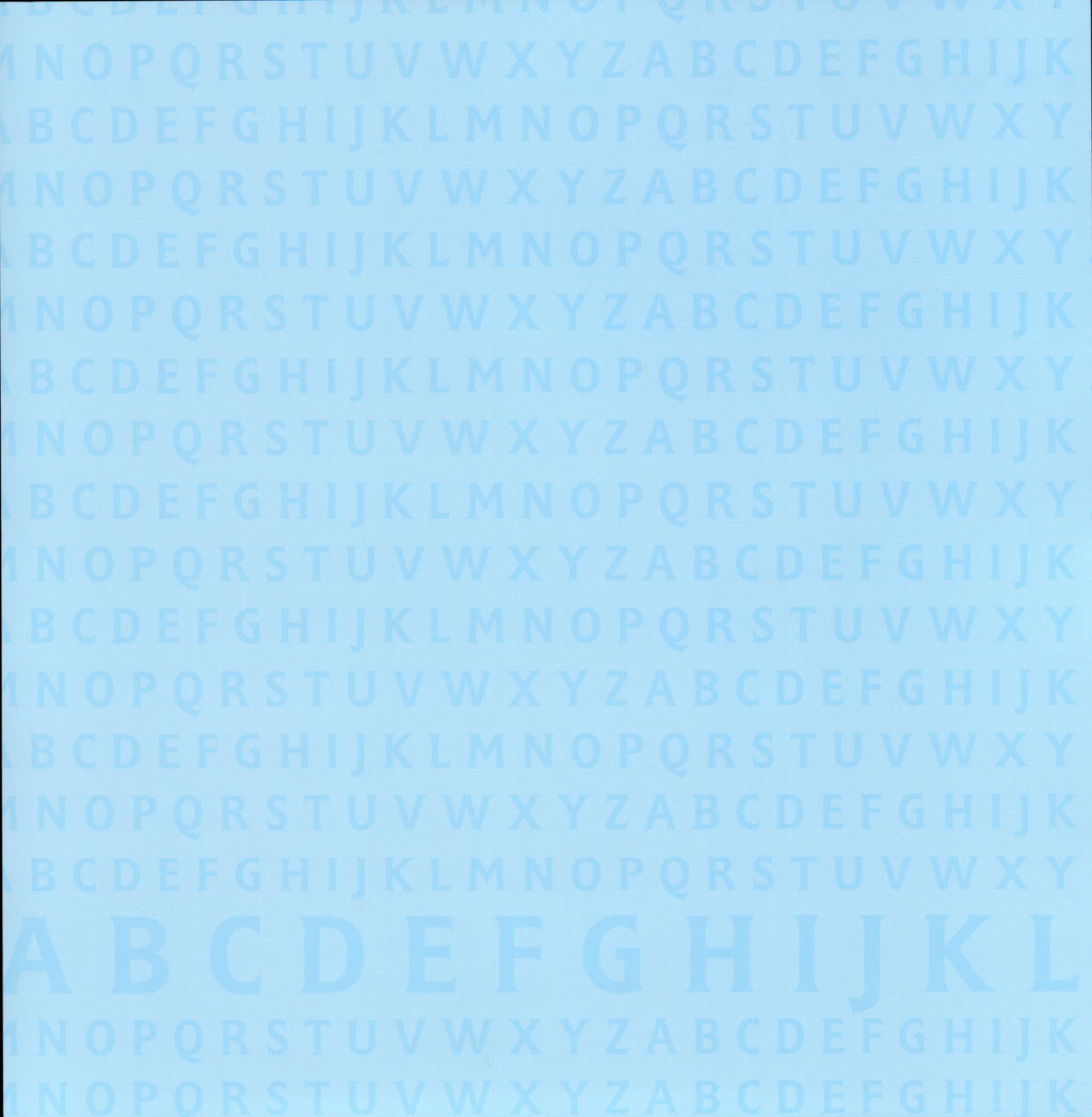 Design Originals Blue A-Z 12x12 scrapbook paper - tone-on-tone sky blue repeating alphabet letters A-Z with bold accent row along bottom edge