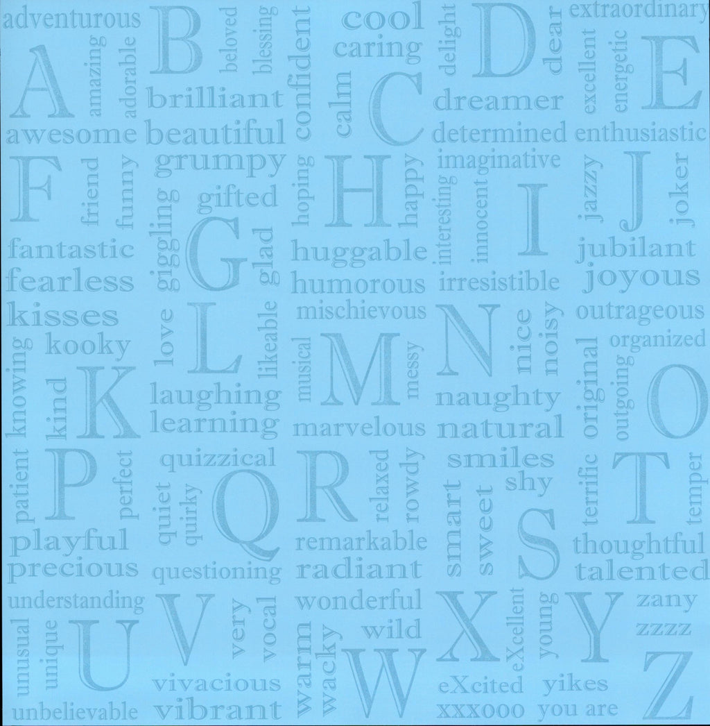 Design Originals Blue A-Z Word Blocks 12x12 scrapbook paper - tone-on-tone sky blue alphabet letters A-Z with descriptive words adventurous brilliant cool dreamer