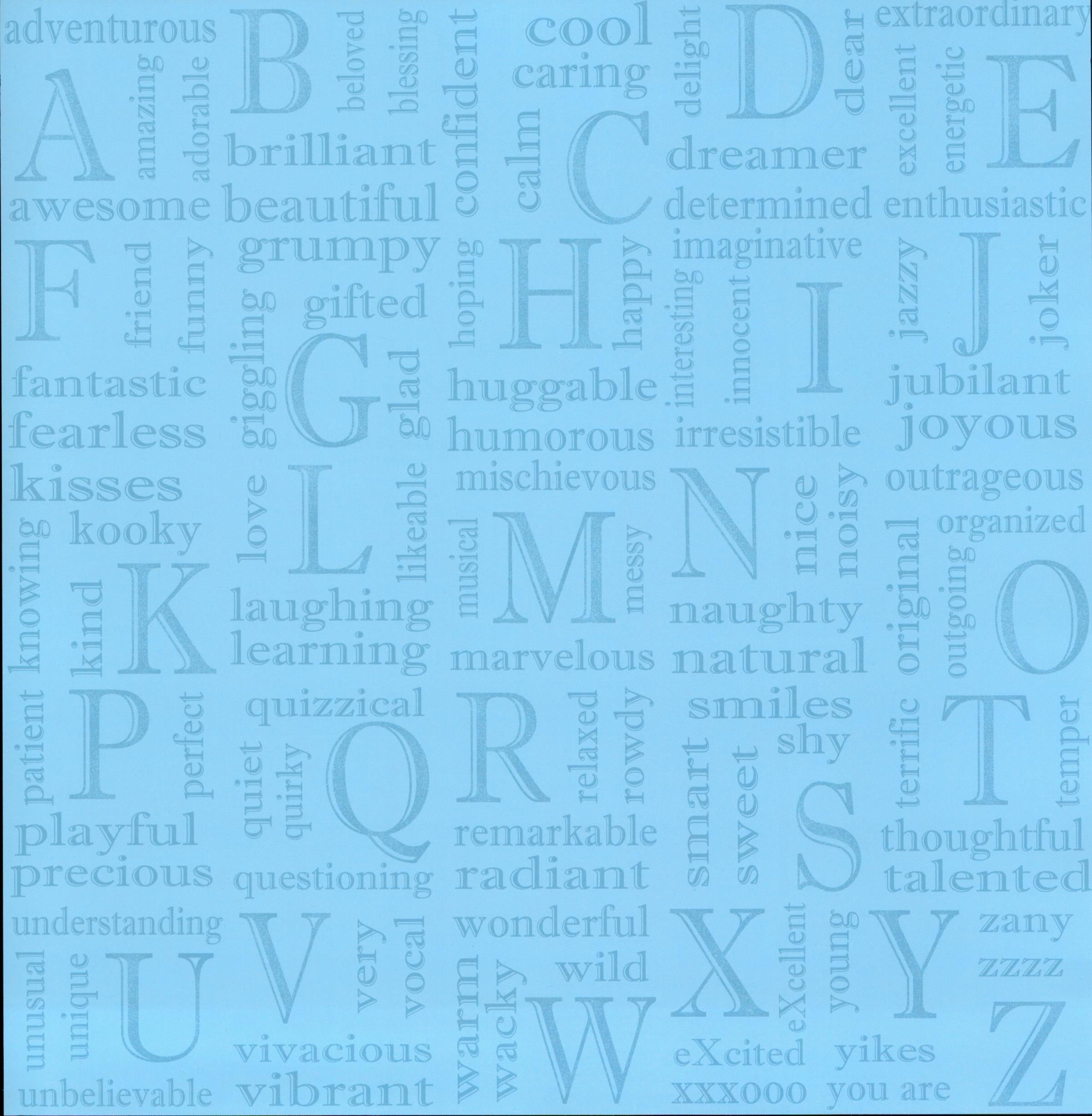 Design Originals Blue A-Z Word Blocks 12x12 scrapbook paper - tone-on-tone sky blue alphabet letters A-Z with descriptive words adventurous brilliant cool dreamer