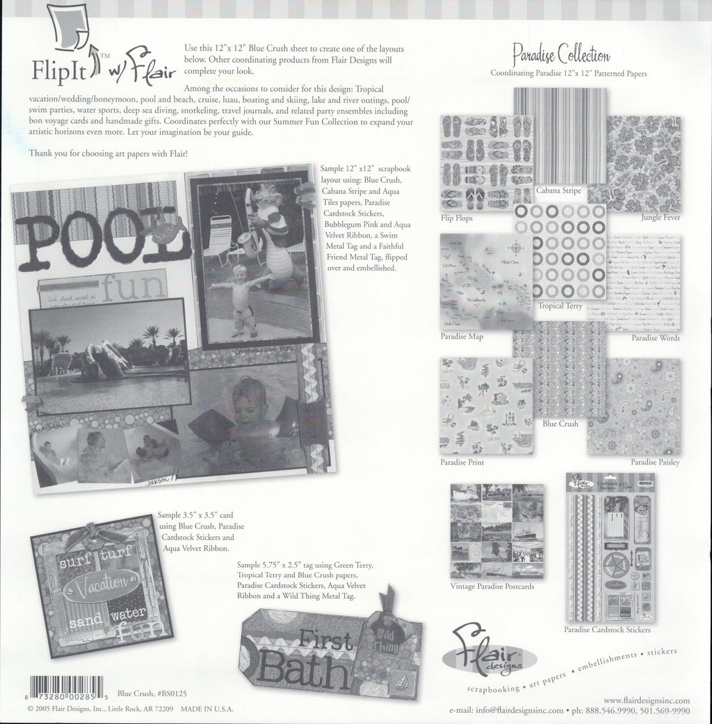 Flair Designs Blue Crush 12x12 scrapbook paper - reverse side with Paradise Collection coordinating papers guide, item BS0125, Flair Designs Little Rock AR Made in USA