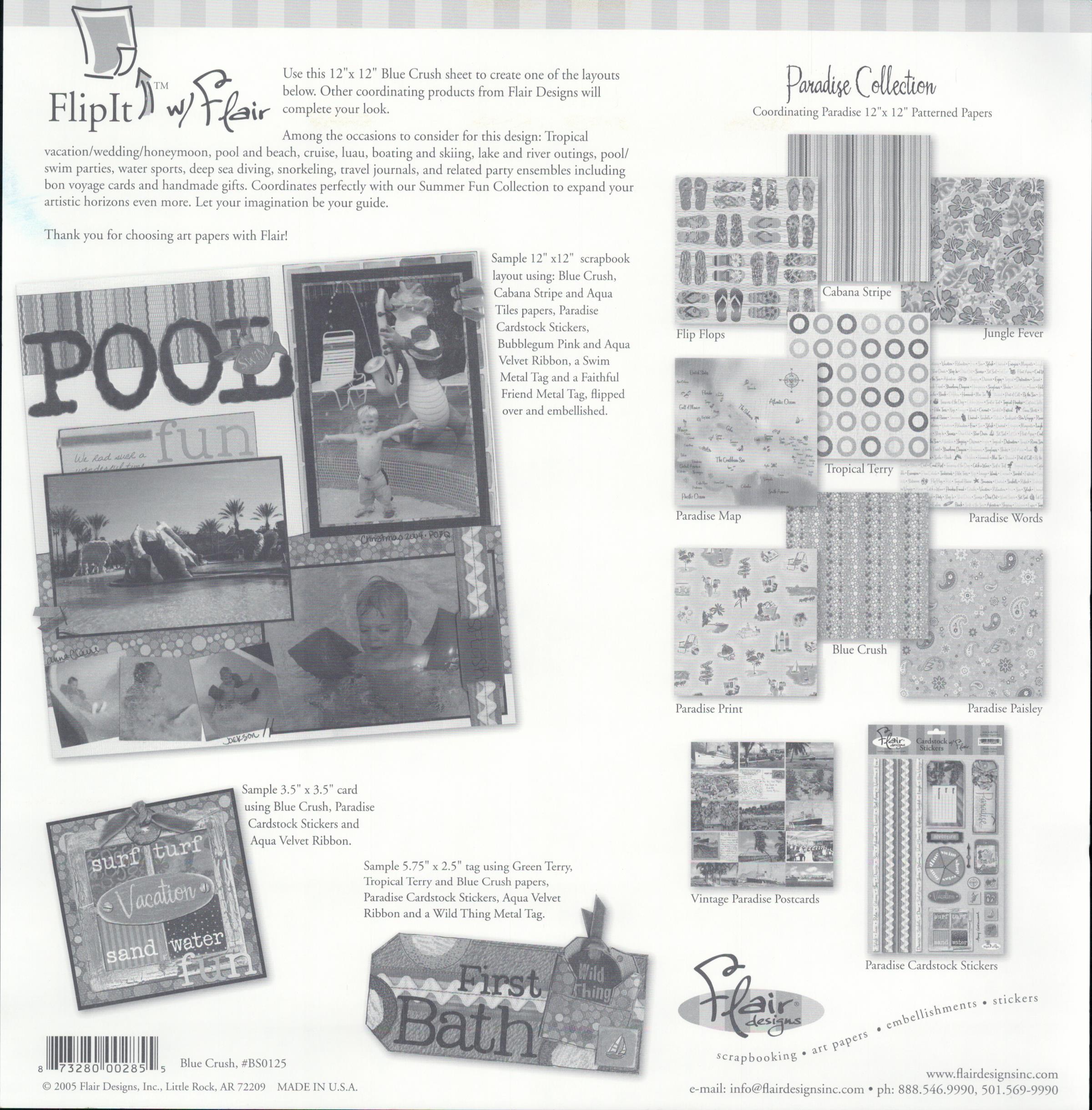 Flair Designs Blue Crush 12x12 scrapbook paper - reverse side with Paradise Collection coordinating papers guide, item BS0125, Flair Designs Little Rock AR Made in USA