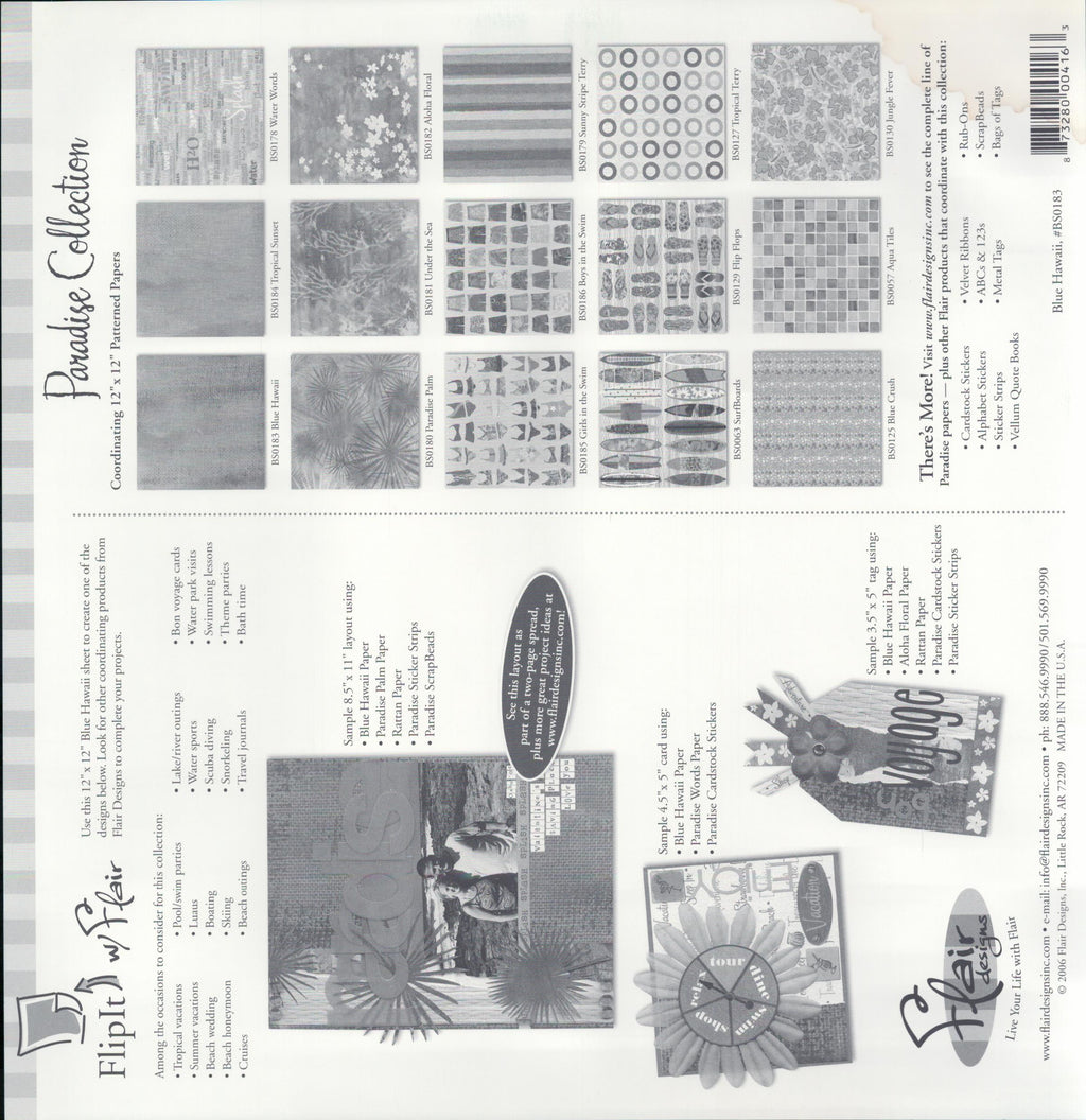 Flair Designs Blue Hawaii 12x12 scrapbook paper - reverse side Paradise Collection coordinating papers guide, item BS0183, Flair Designs Little Rock AR Made in USA 2006