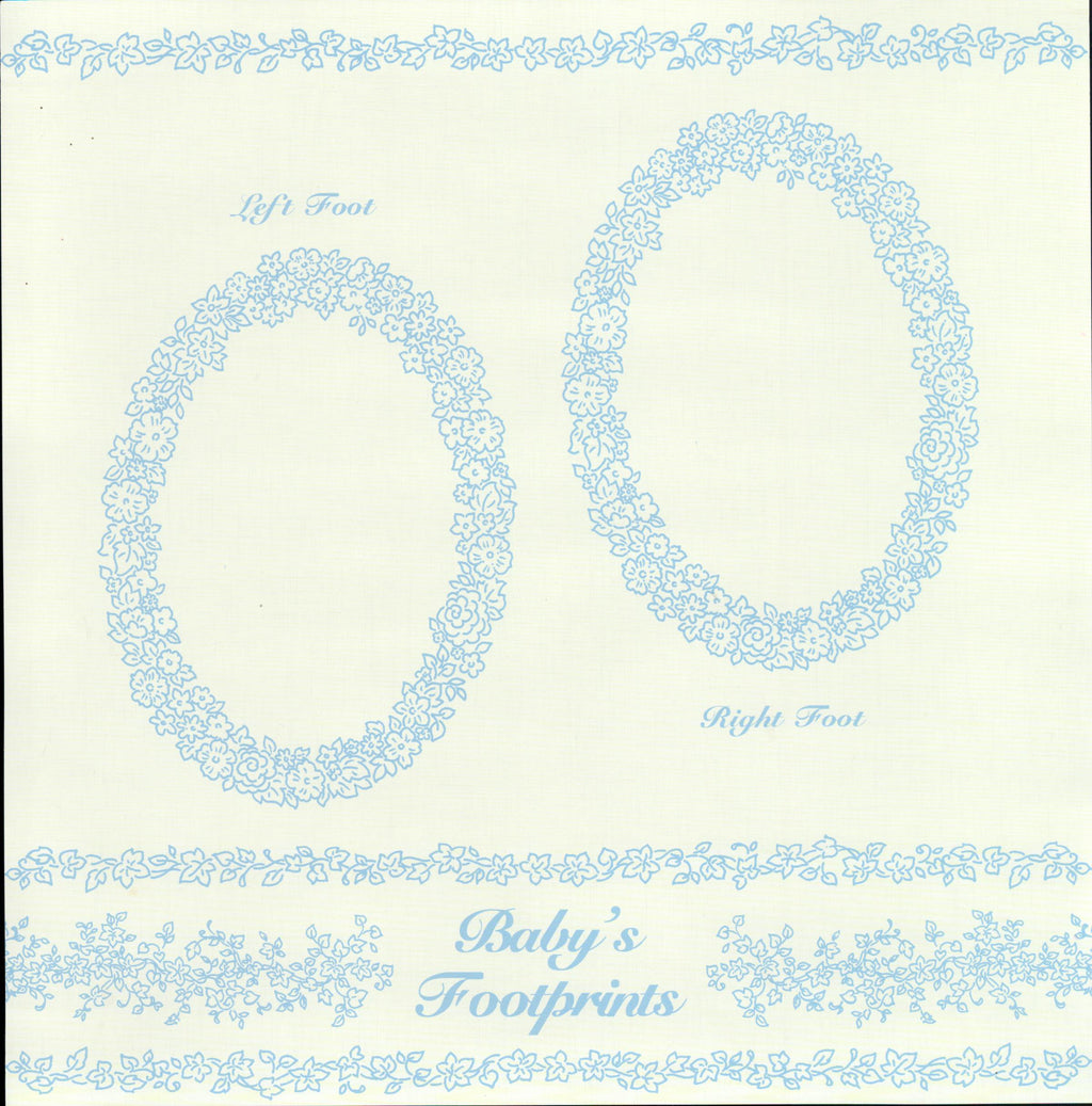 Leisure Arts Blue Toile Feet 12x12 scrapbook paper - cream background with blue floral toile oval frames for left and right baby footprints with Baby's Footprints script title
