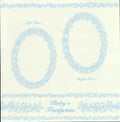 Leisure Arts Blue Toile Feet 12x12 scrapbook paper - cream background with blue floral toile oval frames for left and right baby footprints with Baby's Footprints script title