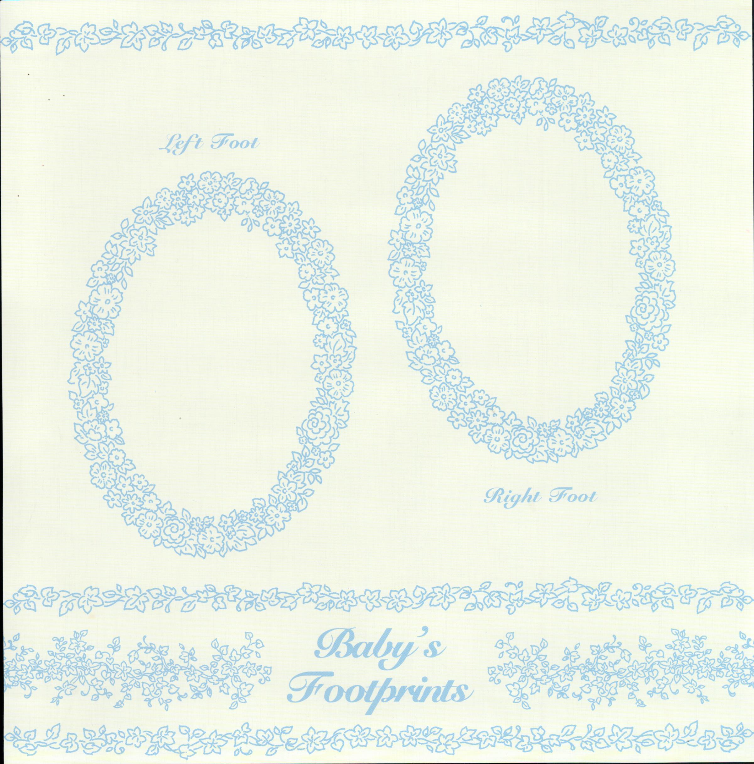 Leisure Arts Blue Toile Feet 12x12 scrapbook paper - cream background with blue floral toile oval frames for left and right baby footprints with Baby's Footprints script title