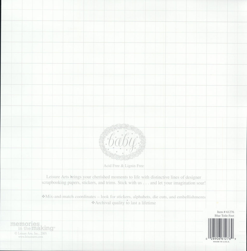Leisure Arts Blue Toile Feet 12x12 scrapbook paper - reverse side soft white graph grid paper texture with baby watermark, item 61276, Memories in the Making