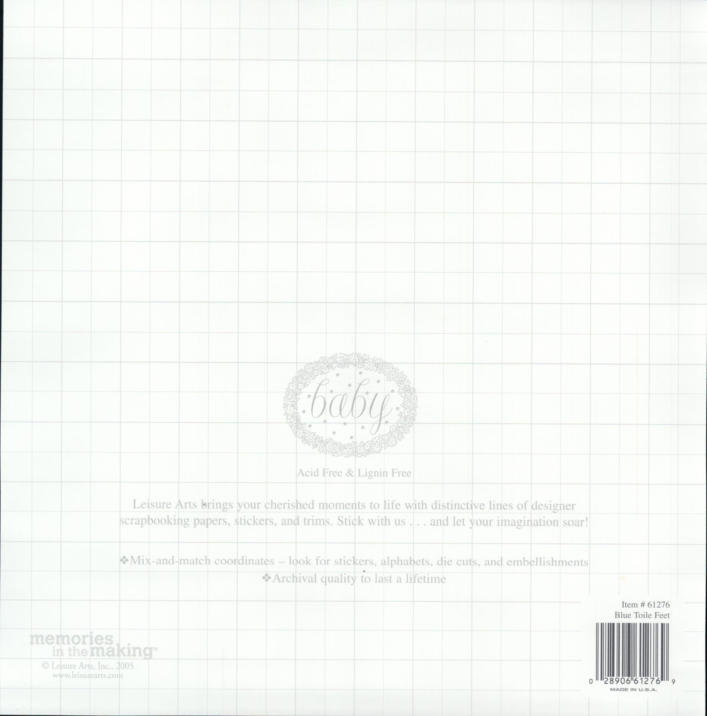 Leisure Arts Blue Toile Feet 12x12 scrapbook paper - reverse side soft white graph grid paper texture with baby watermark, item 61276, Memories in the Making