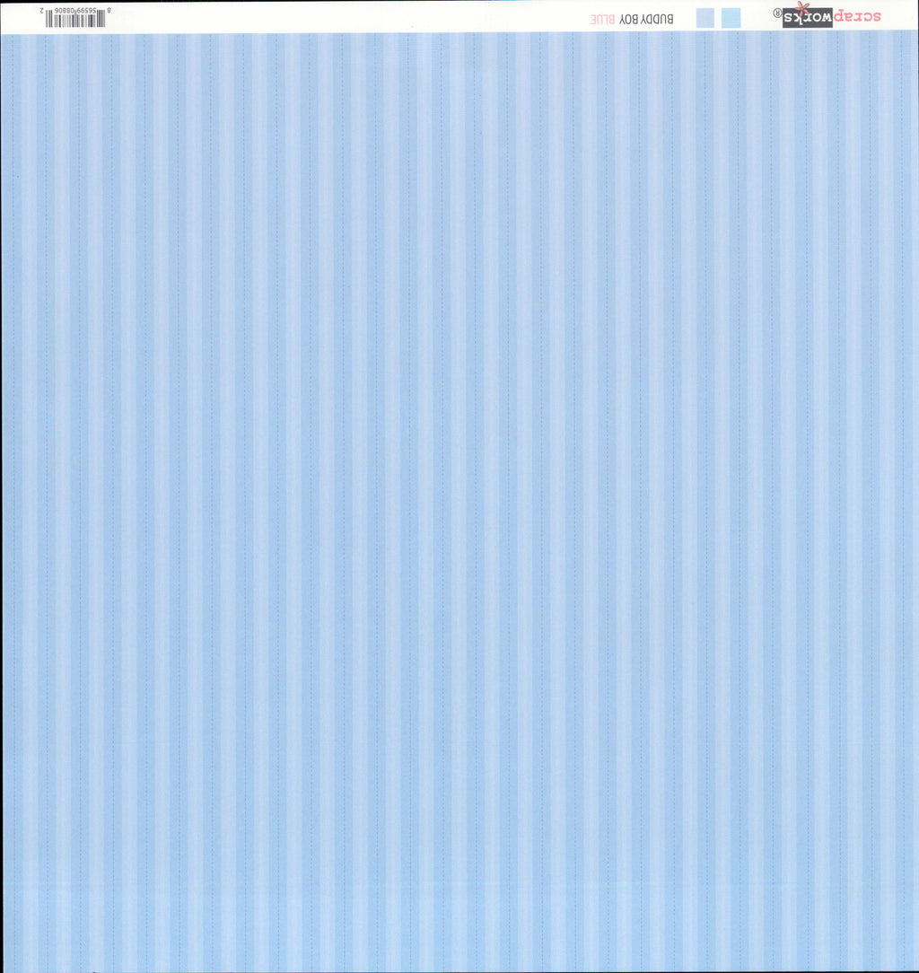 Scrapworks Buddy Boy Blue 12x12 scrapbook paper front - soft periwinkle powder blue tone-on-tone fine vertical stripe subtle elegant classic