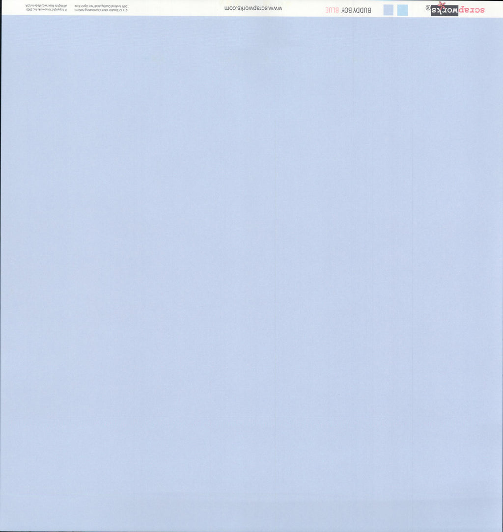Scrapworks Buddy Boy Blue 12x12 scrapbook paper reverse - smooth solid soft periwinkle powder blue, Scrapworks LLC 2003 archival quality lignin free Made in USA