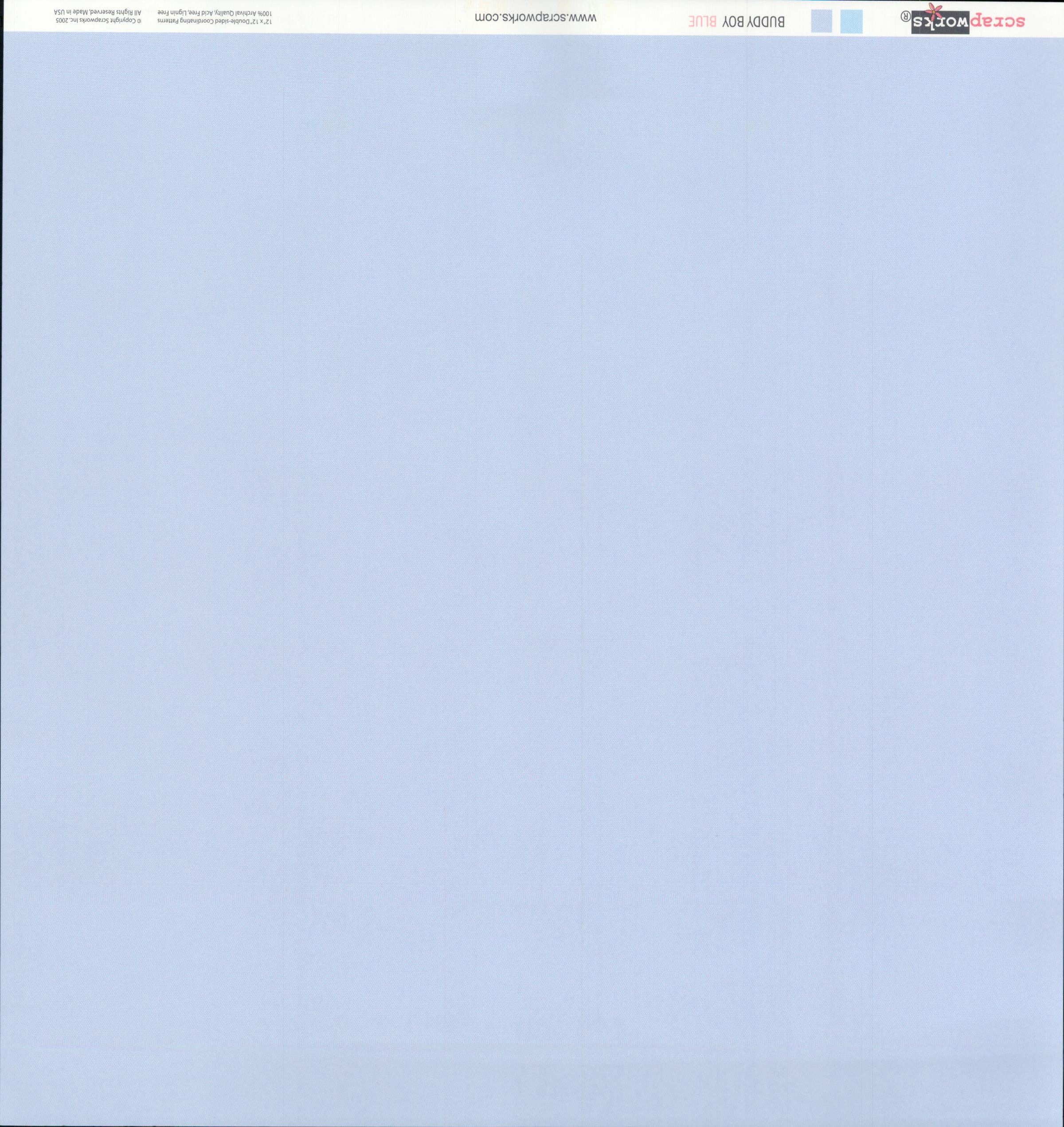 Scrapworks Buddy Boy Blue 12x12 scrapbook paper reverse - smooth solid soft periwinkle powder blue, Scrapworks LLC 2003 archival quality lignin free Made in USA