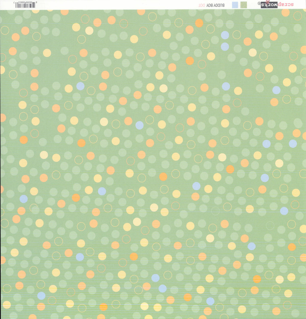 Scrapworks Buddy Boy Dot 12x12 scrapbook paper front - soft sage mint green background with scattered dots and circles in golden yellow cream orange peach periwinkle blue and tone-on-tone sage with outlined circle rings