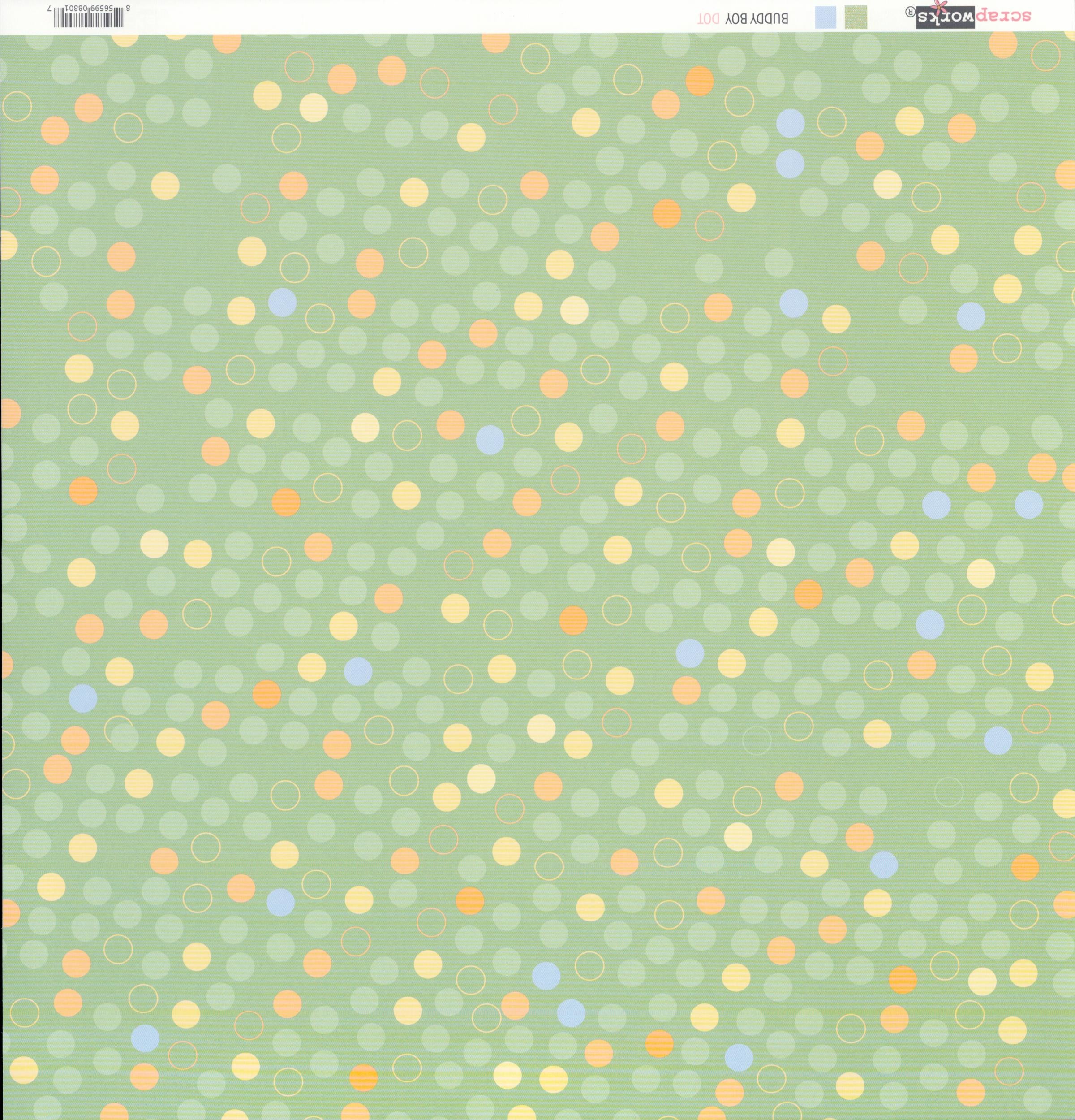 Scrapworks Buddy Boy Dot 12x12 scrapbook paper front - soft sage mint green background with scattered dots and circles in golden yellow cream orange peach periwinkle blue and tone-on-tone sage with outlined circle rings