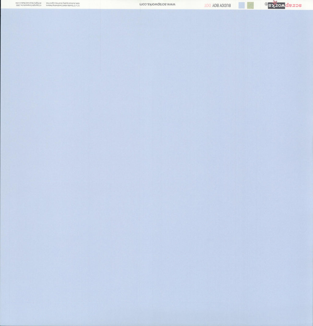Scrapworks Buddy Boy Dot 12x12 scrapbook paper reverse - smooth solid soft powder periwinkle blue, Scrapworks LLC 2003 archival quality acid free lignin free Made in USA