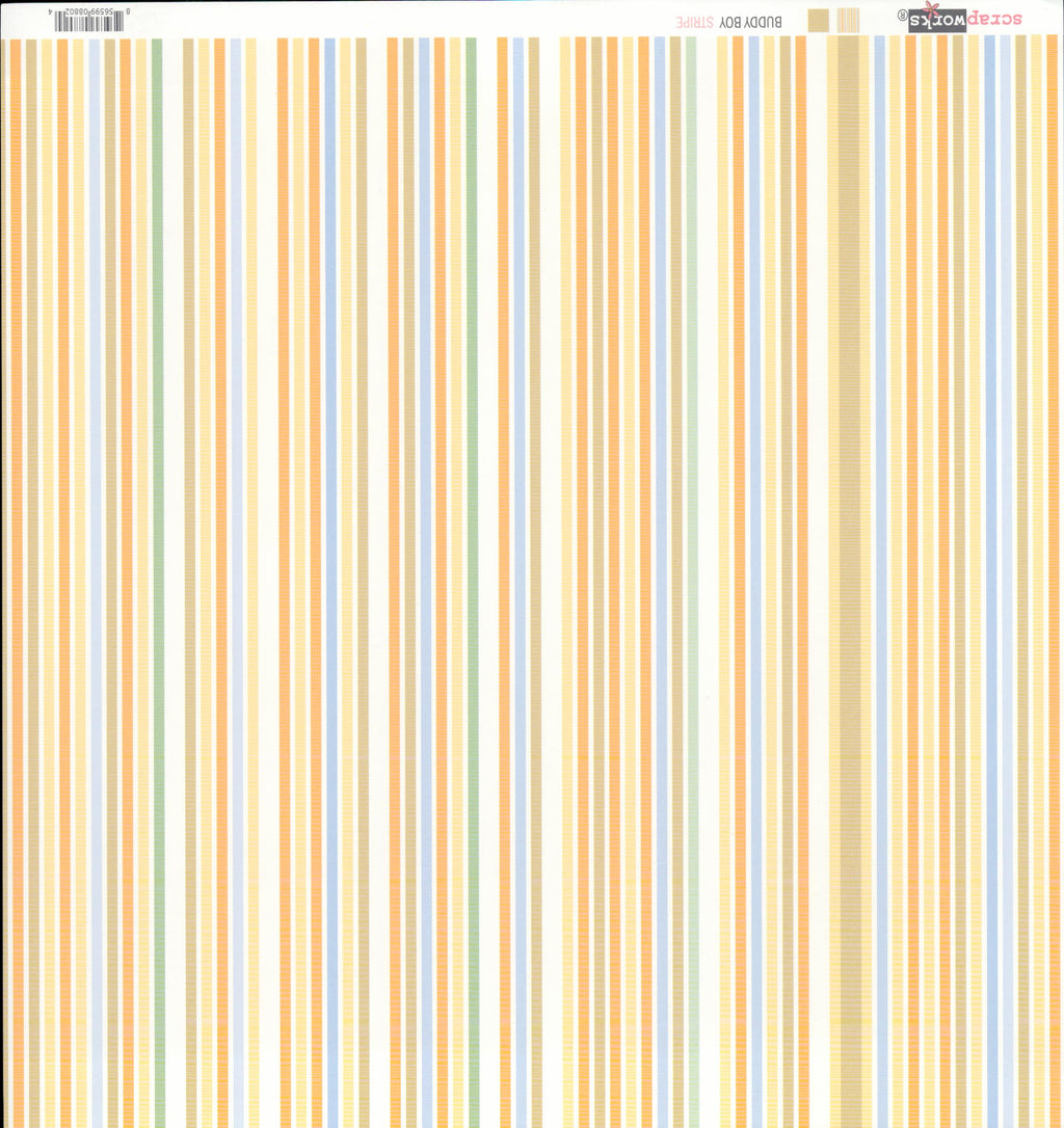 Scrapworks Buddy Boy Stripe 12x12 scrapbook paper front - soft multi-color vertical stripe in golden yellow cream orange peach periwinkle blue sage green and white varying widths