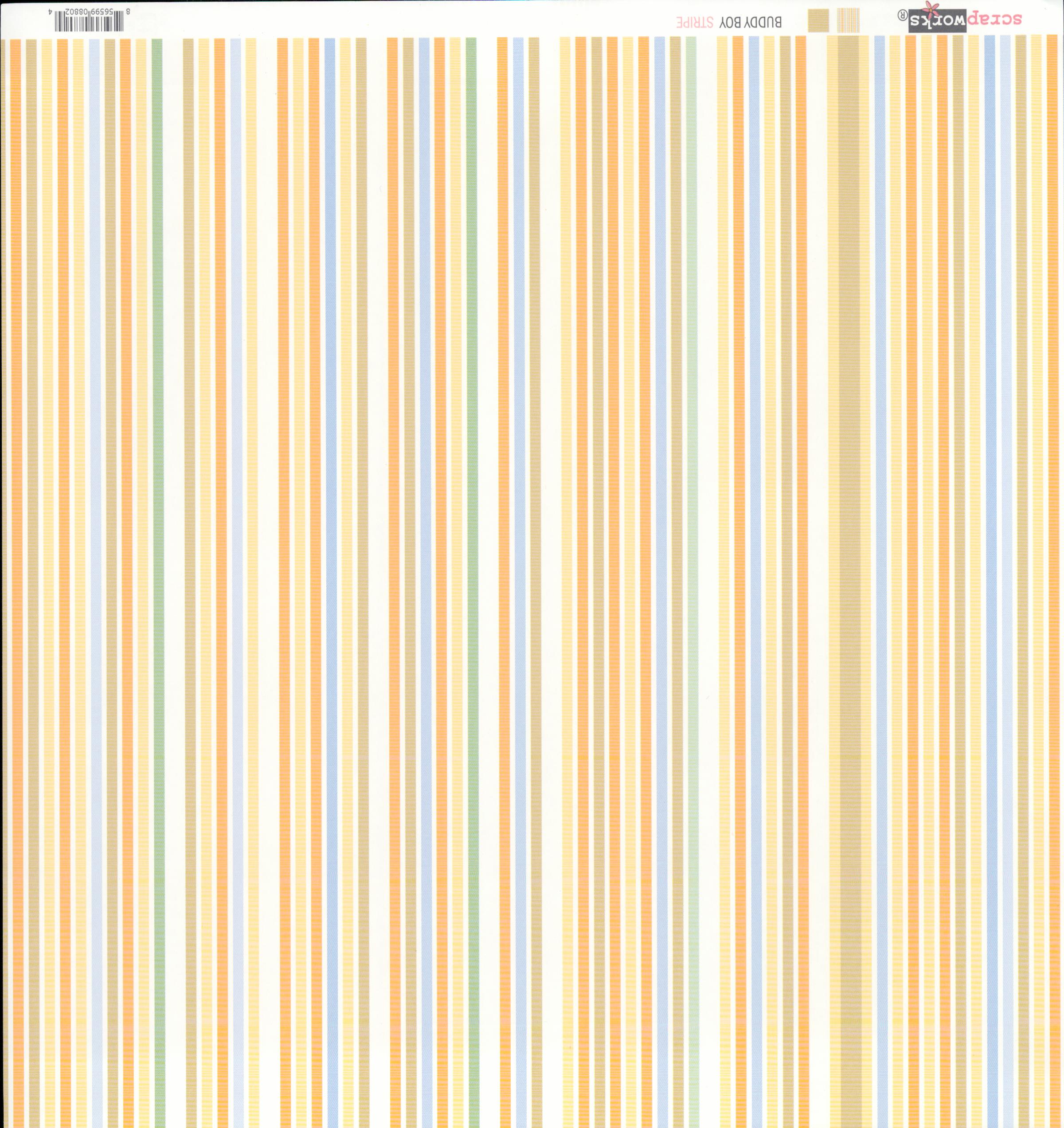 Scrapworks Buddy Boy Stripe 12x12 scrapbook paper front - soft multi-color vertical stripe in golden yellow cream orange peach periwinkle blue sage green and white varying widths