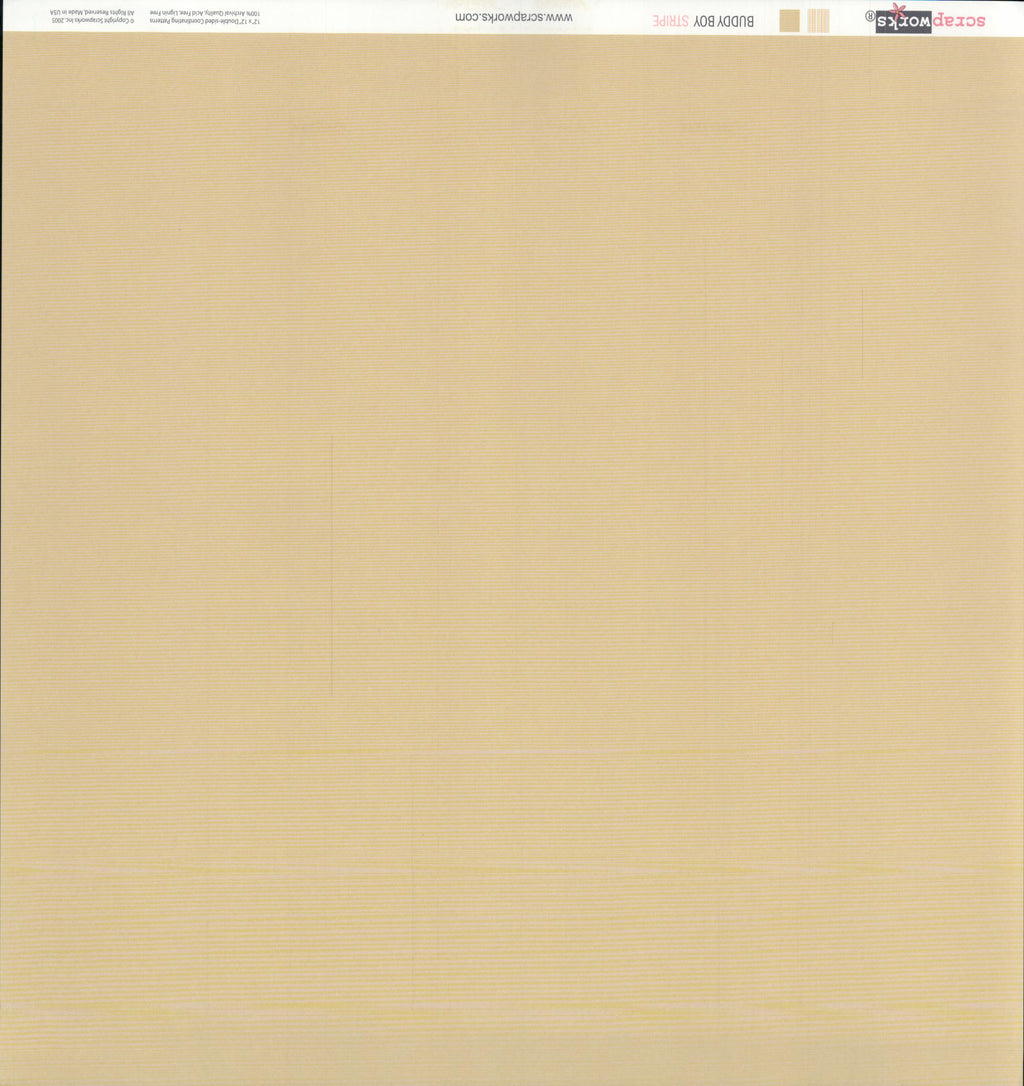Scrapworks Buddy Boy Stripe 12x12 scrapbook paper reverse - smooth solid warm tan khaki sand, Scrapworks LLC 2003 archival quality acid free lignin free Made in USA