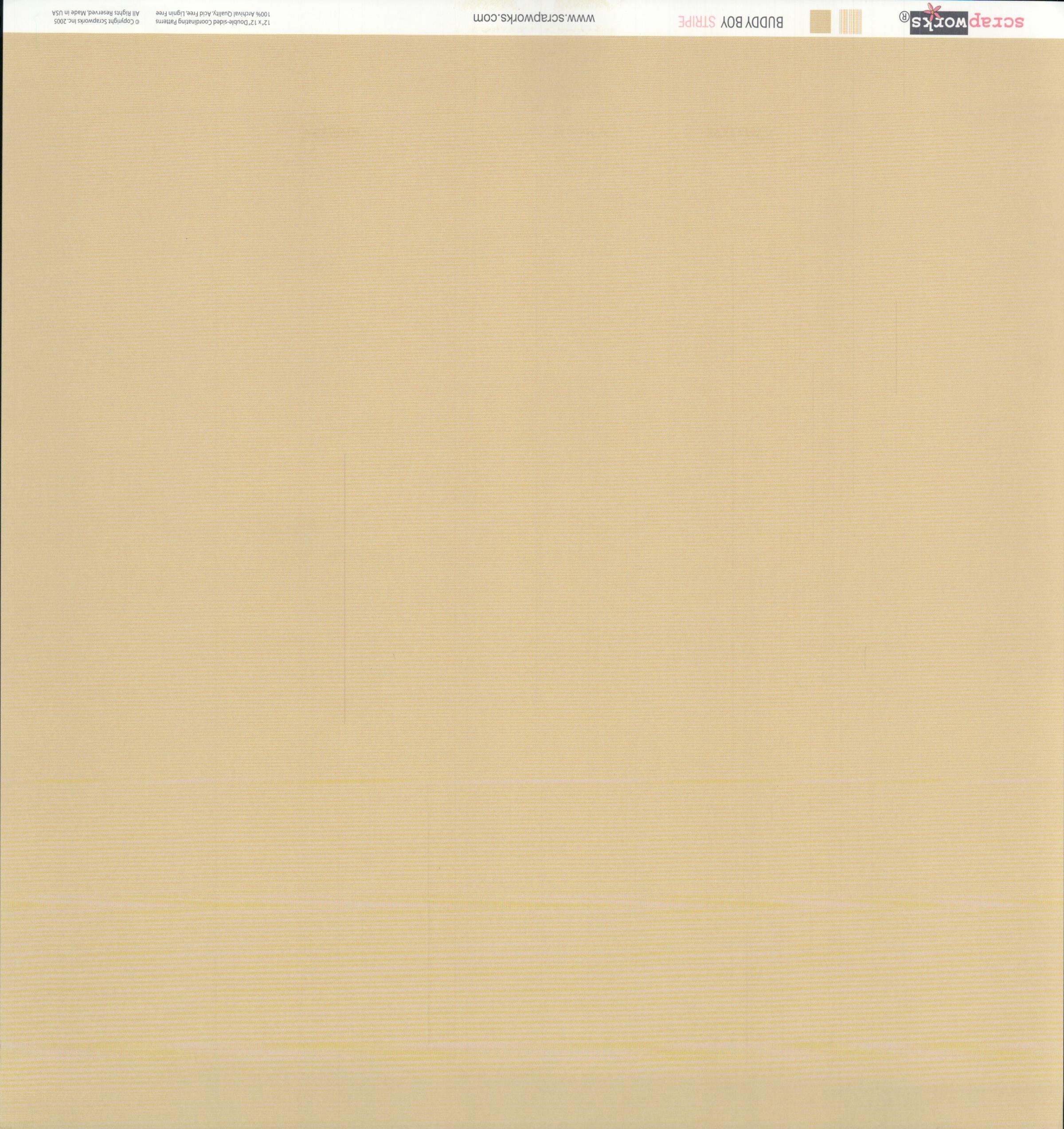 Scrapworks Buddy Boy Stripe 12x12 scrapbook paper reverse - smooth solid warm tan khaki sand, Scrapworks LLC 2003 archival quality acid free lignin free Made in USA