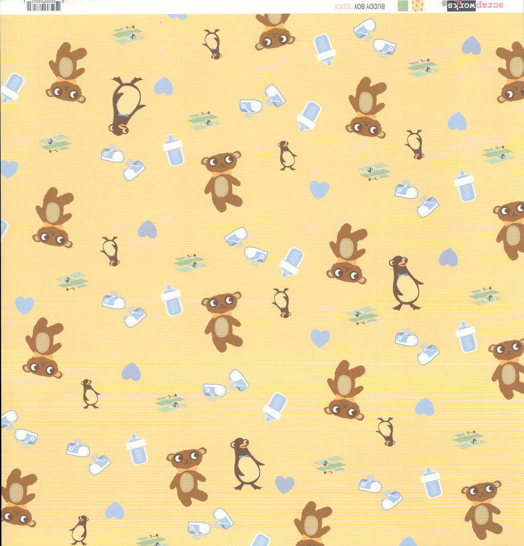 Scrapworks Buddy Boy Teddy 12x12 scrapbook paper front - warm golden yellow butter background with allover illustrated teddy bears penguins baby bottles blue hearts and green grass tufts
