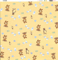 Scrapworks Buddy Boy Teddy 12x12 scrapbook paper front - warm golden yellow butter background with allover illustrated teddy bears penguins baby bottles blue hearts and green grass tufts