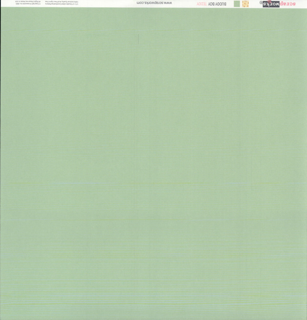 Scrapworks Buddy Boy Teddy 12x12 scrapbook paper reverse - smooth solid soft sage mint green, Scrapworks LLC 2003 archival quality acid free lignin free Made in USA