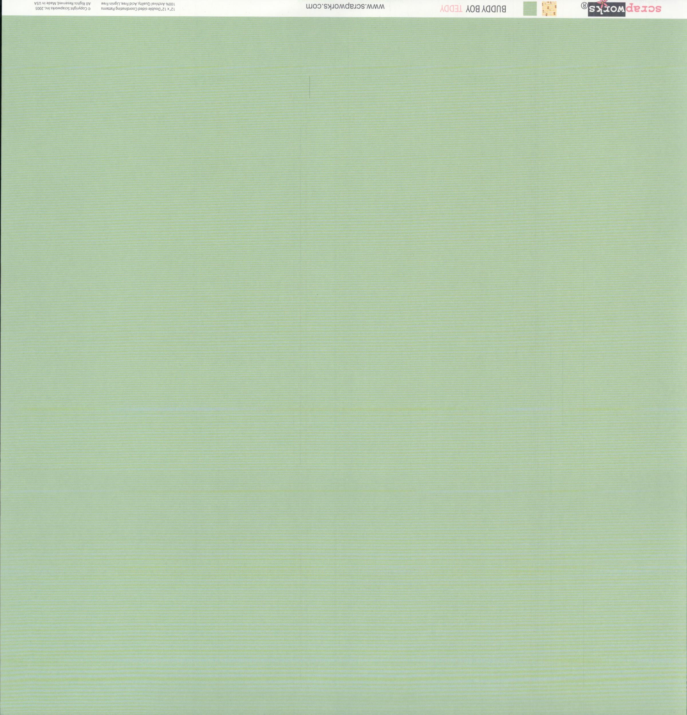 Scrapworks Buddy Boy Teddy 12x12 scrapbook paper reverse - smooth solid soft sage mint green, Scrapworks LLC 2003 archival quality acid free lignin free Made in USA
