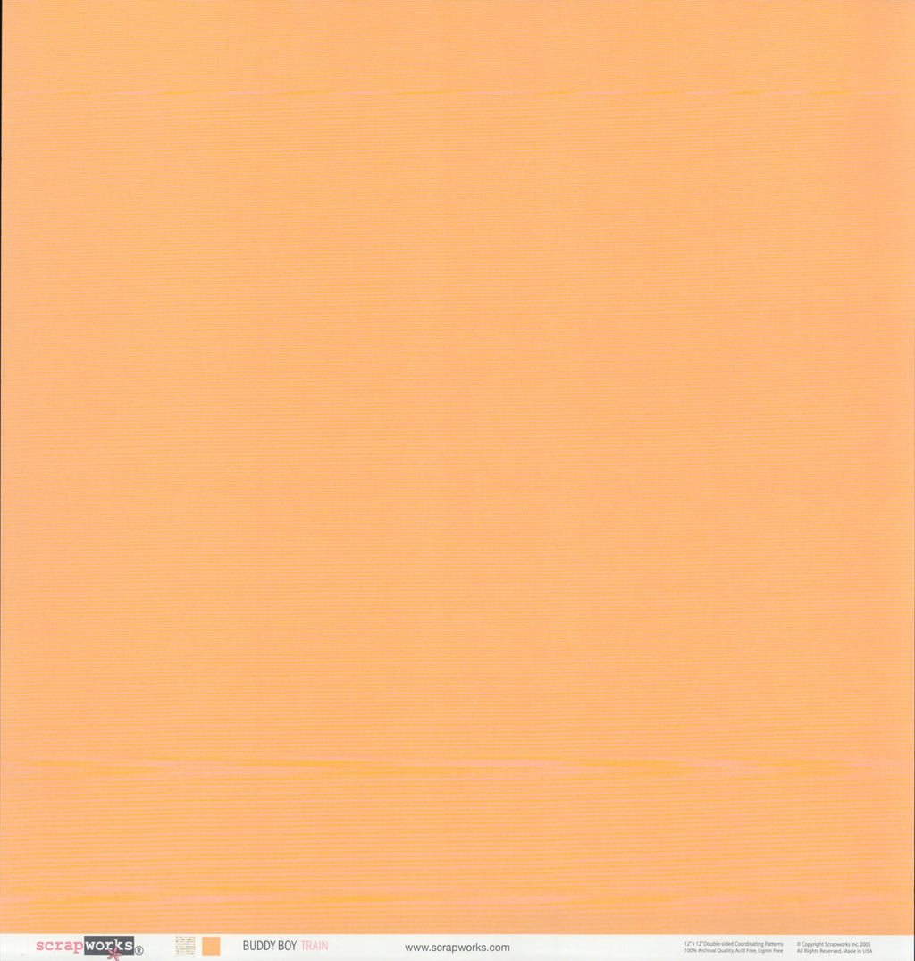 Scrapworks Buddy Boy Train 12x12 scrapbook paper - reverse side toy train pattern with steam engines and colorful freight cars in brown, orange, yellow, blue, and sage green on powder blue background