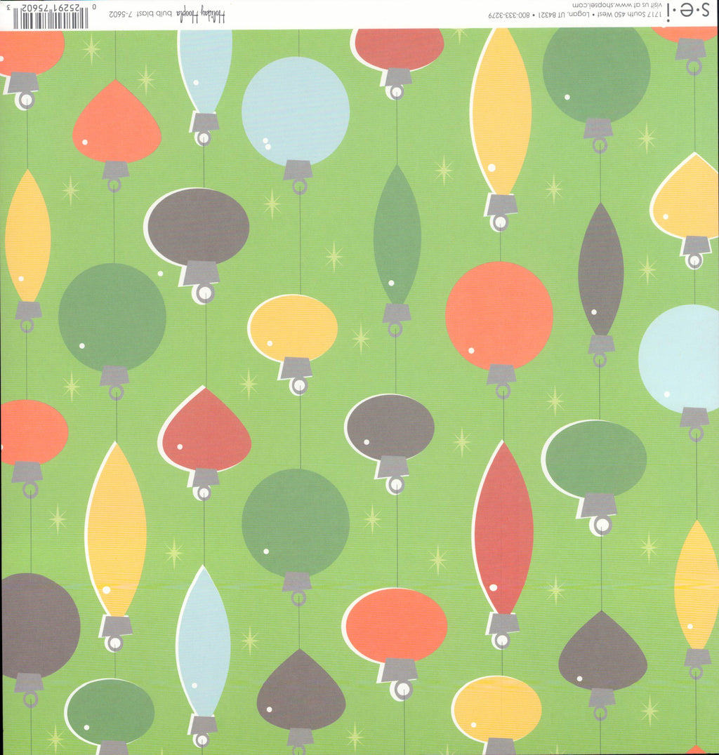 S.E.I. Holiday Hoopla Bulb Blast 12x12 scrapbook paper - colorful retro Christmas ornament bulbs in coral, blue, yellow, green, and red on bright lime green background with sparkle stars