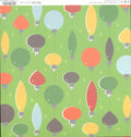 S.E.I. Holiday Hoopla Bulb Blast 12x12 scrapbook paper - colorful retro Christmas ornament bulbs in coral, blue, yellow, green, and red on bright lime green background with sparkle stars