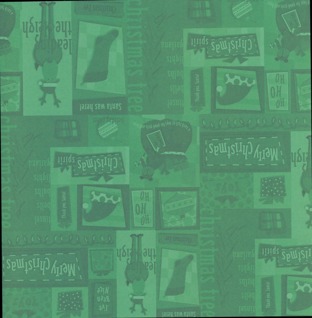 Karen Foster Design Christmas Collage 12x12 scrapbook paper - tone-on-tone emerald green collage with Santa, reindeer, stockings, ornaments, gift boxes, and holiday phrases