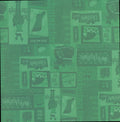 Karen Foster Design Christmas Collage 12x12 scrapbook paper - tone-on-tone emerald green collage with Santa, reindeer, stockings, ornaments, gift boxes, and holiday phrases