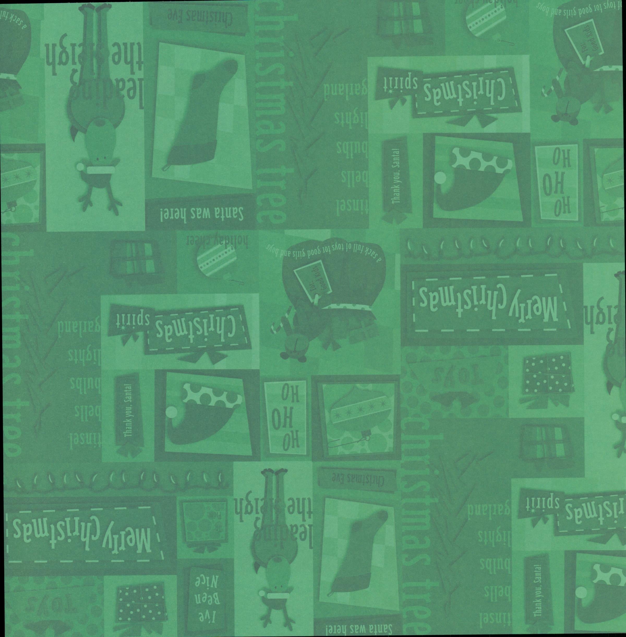 Karen Foster Design Christmas Collage 12x12 scrapbook paper - tone-on-tone emerald green collage with Santa, reindeer, stockings, ornaments, gift boxes, and holiday phrases