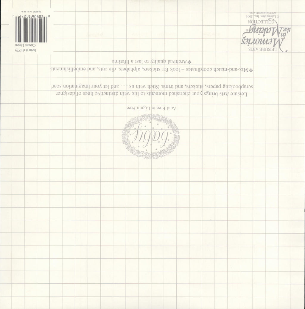 Leisure Arts Cream Linen 12x12 scrapbook paper reverse - white graph grid paper texture with baby script watermark oval, item 61279, Memories in the Making Baby Collection Leisure Arts 2004 Made in USA