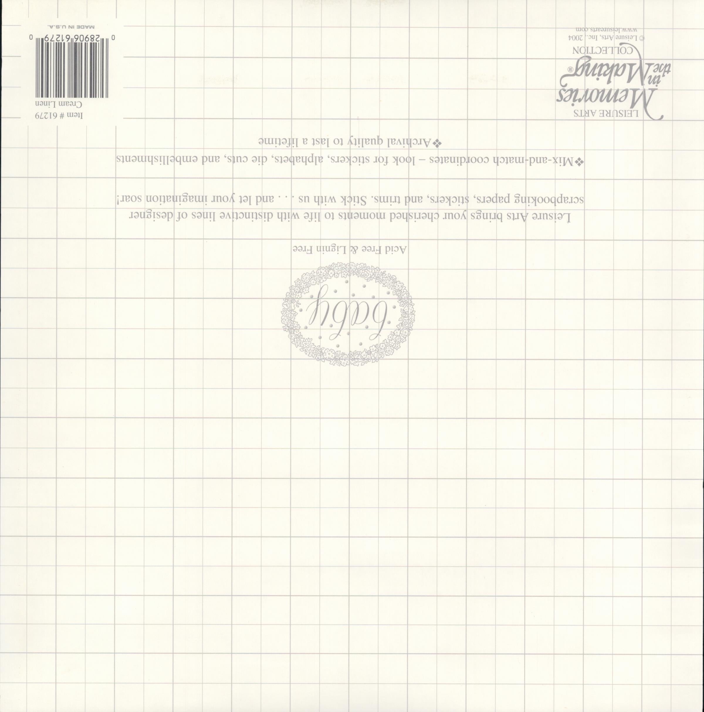 Leisure Arts Cream Linen 12x12 scrapbook paper reverse - white graph grid paper texture with baby script watermark oval, item 61279, Memories in the Making Baby Collection Leisure Arts 2004 Made in USA
