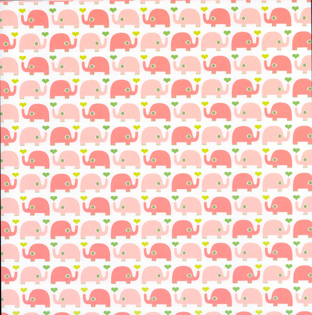 Double-Sided Elephant Hearts 12x12 scrapbook paper - front side rows of coral pink elephants holding lime green hearts on white background