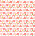 Double-Sided Elephant Hearts 12x12 scrapbook paper - front side rows of coral pink elephants holding lime green hearts on white background
