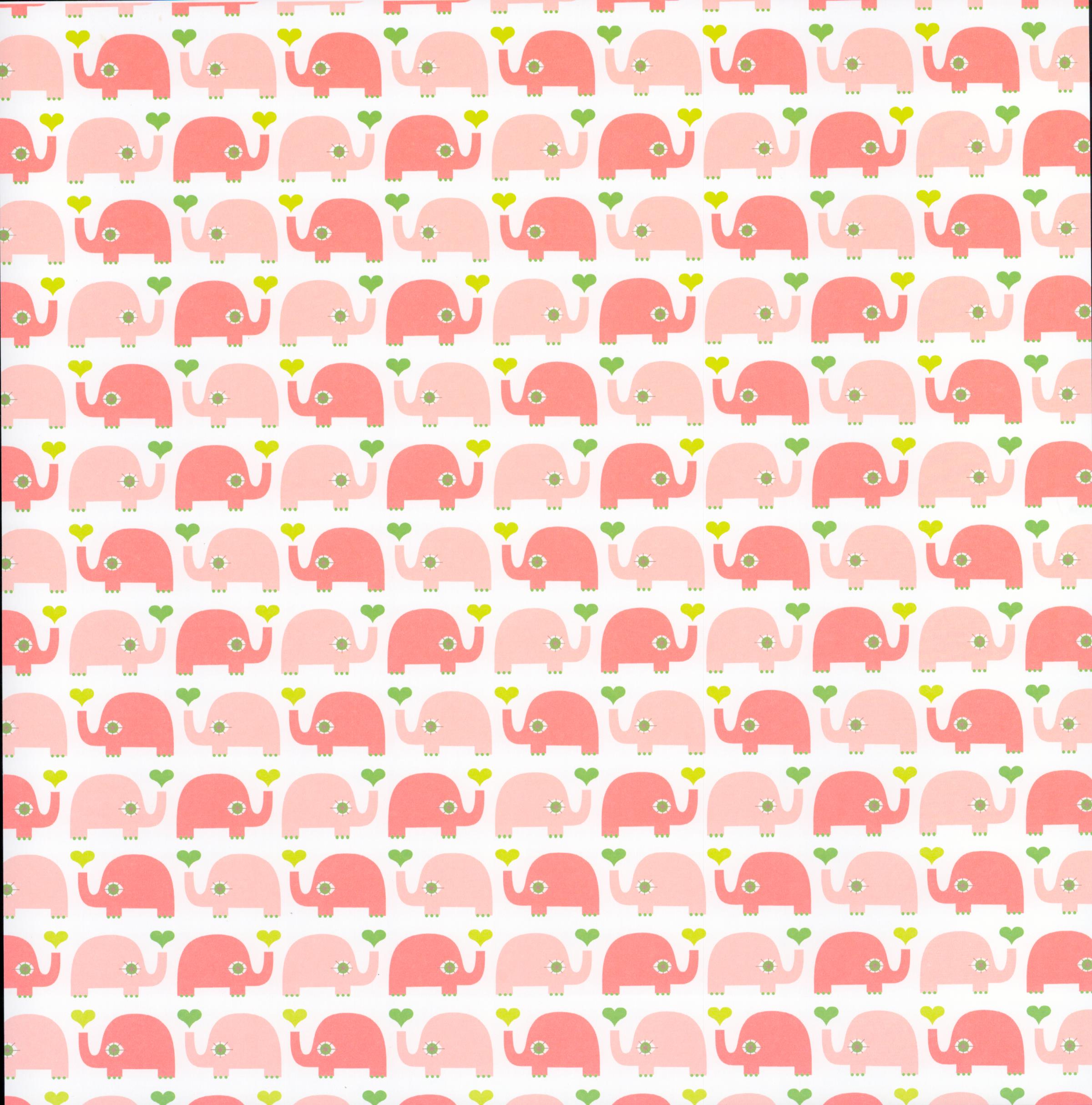 Double-Sided Elephant Hearts 12x12 scrapbook paper - front side rows of coral pink elephants holding lime green hearts on white background