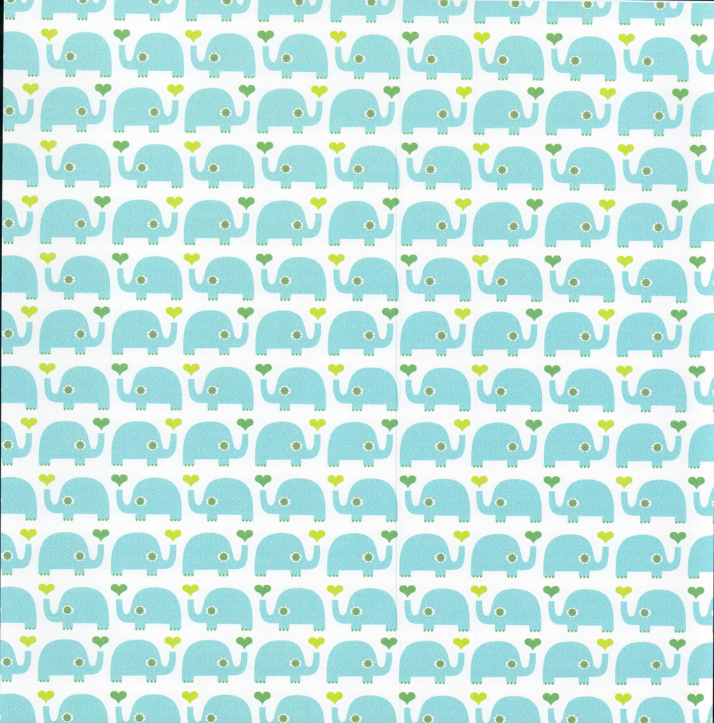 Double-Sided Elephant Hearts 12x12 scrapbook paper - reverse side rows of aqua teal elephants holding lime green hearts on white background
