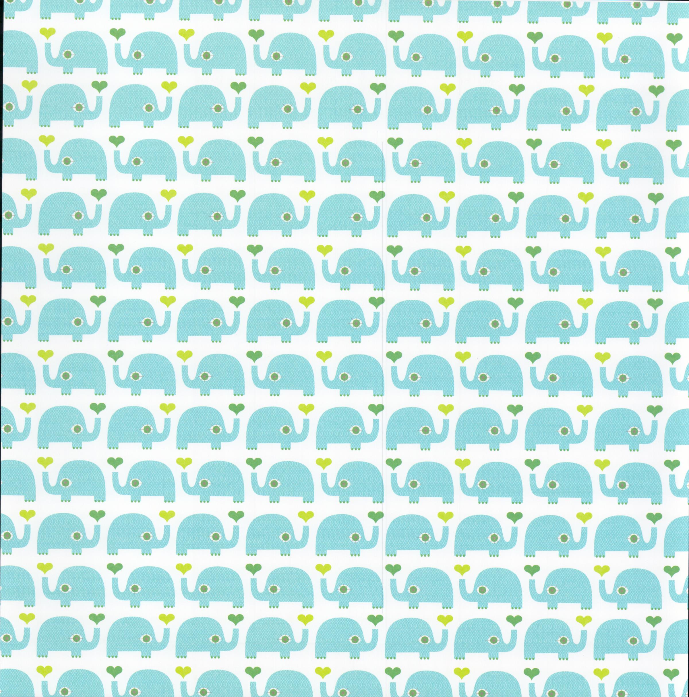 Double-Sided Elephant Hearts 12x12 scrapbook paper - reverse side rows of aqua teal elephants holding lime green hearts on white background