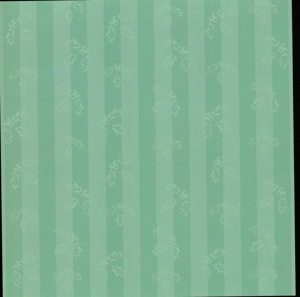 Colorbok Green Holly Stripe 12x12 scrapbook paper - soft sage mint green tone-on-tone vertical stripes with delicate holly leaf and berry vine accents