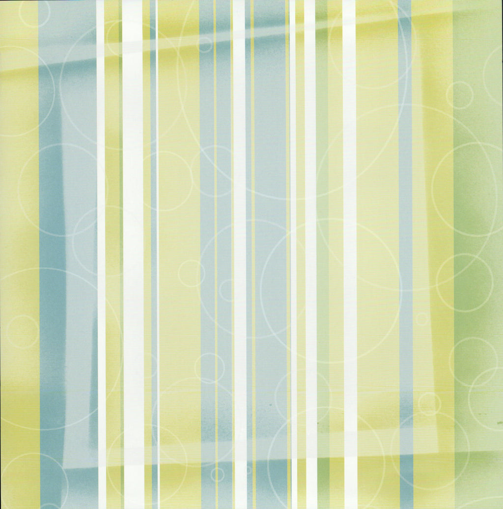 Karen Foster Design Groovy Green Stripe 12x12 scrapbook paper - vertical stripes of varying widths in chartreuse yellow-green sky blue aqua and white with translucent layered quality and tone-on-tone swirl watermarks