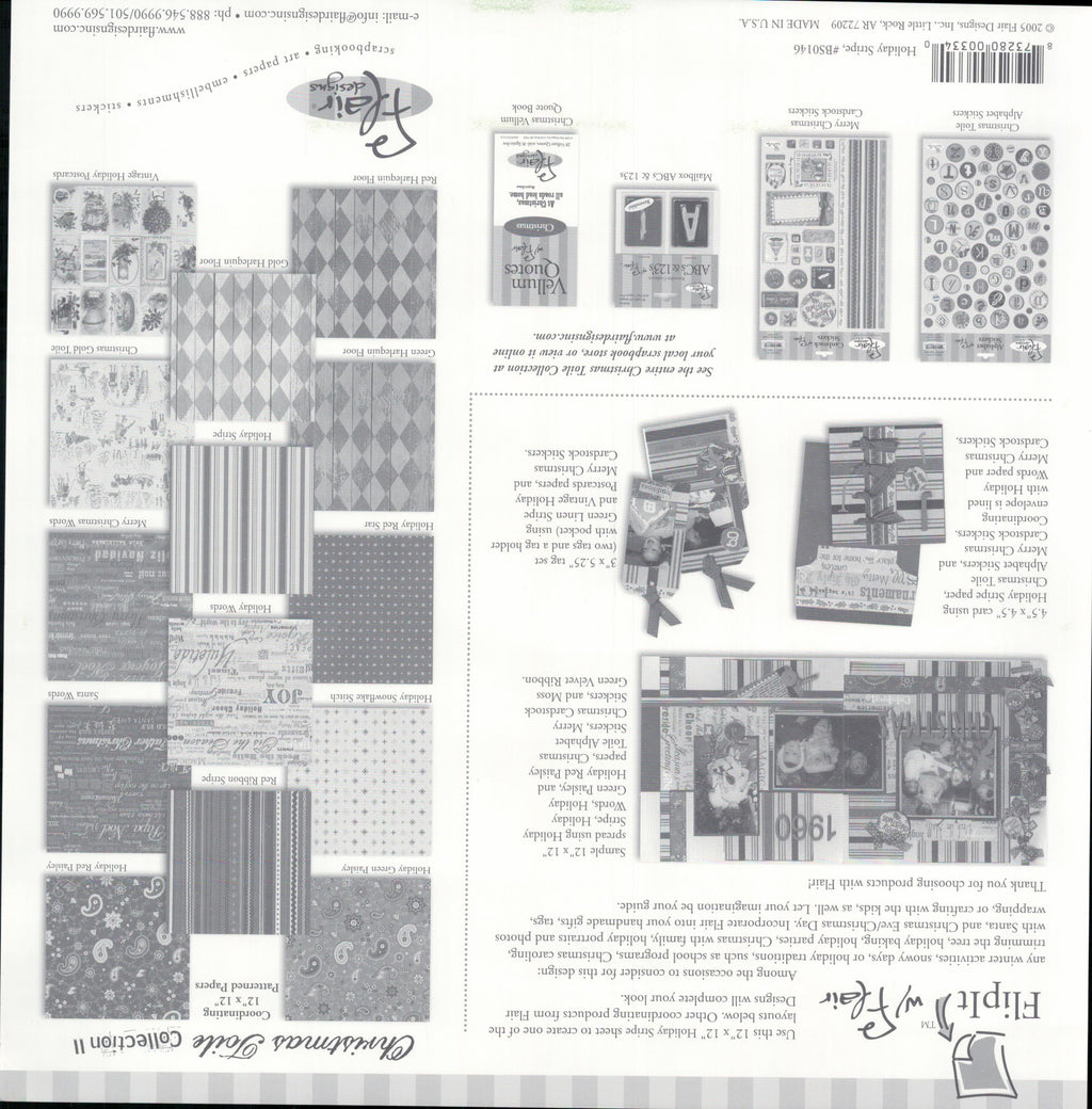 Flair Designs Holiday Stripe 12x12 scrapbook paper - reverse side showing Christmas Toile Collection II coordinating products, item BS0146, Made in USA