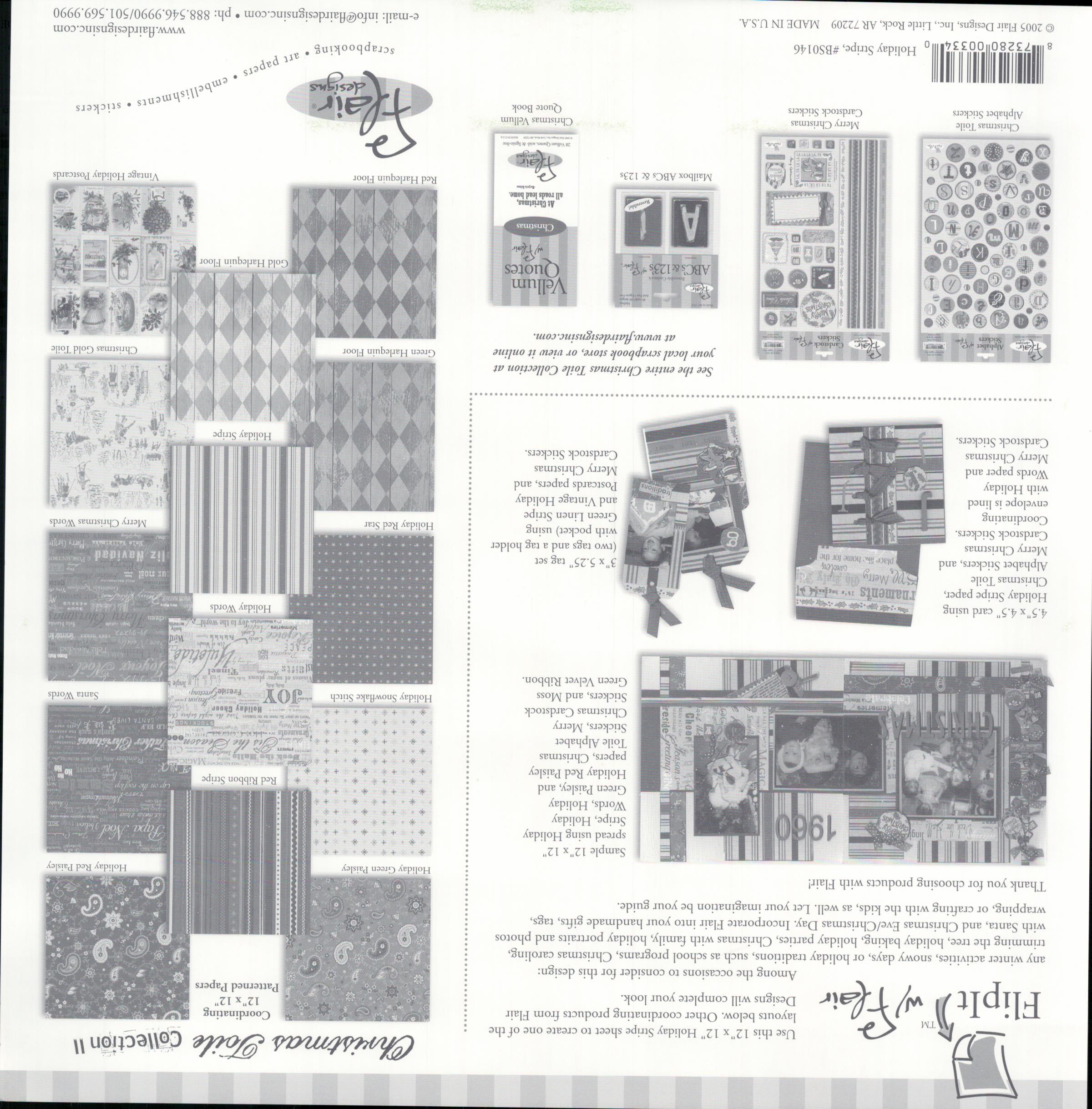 Flair Designs Holiday Stripe 12x12 scrapbook paper - reverse side showing Christmas Toile Collection II coordinating products, item BS0146, Made in USA