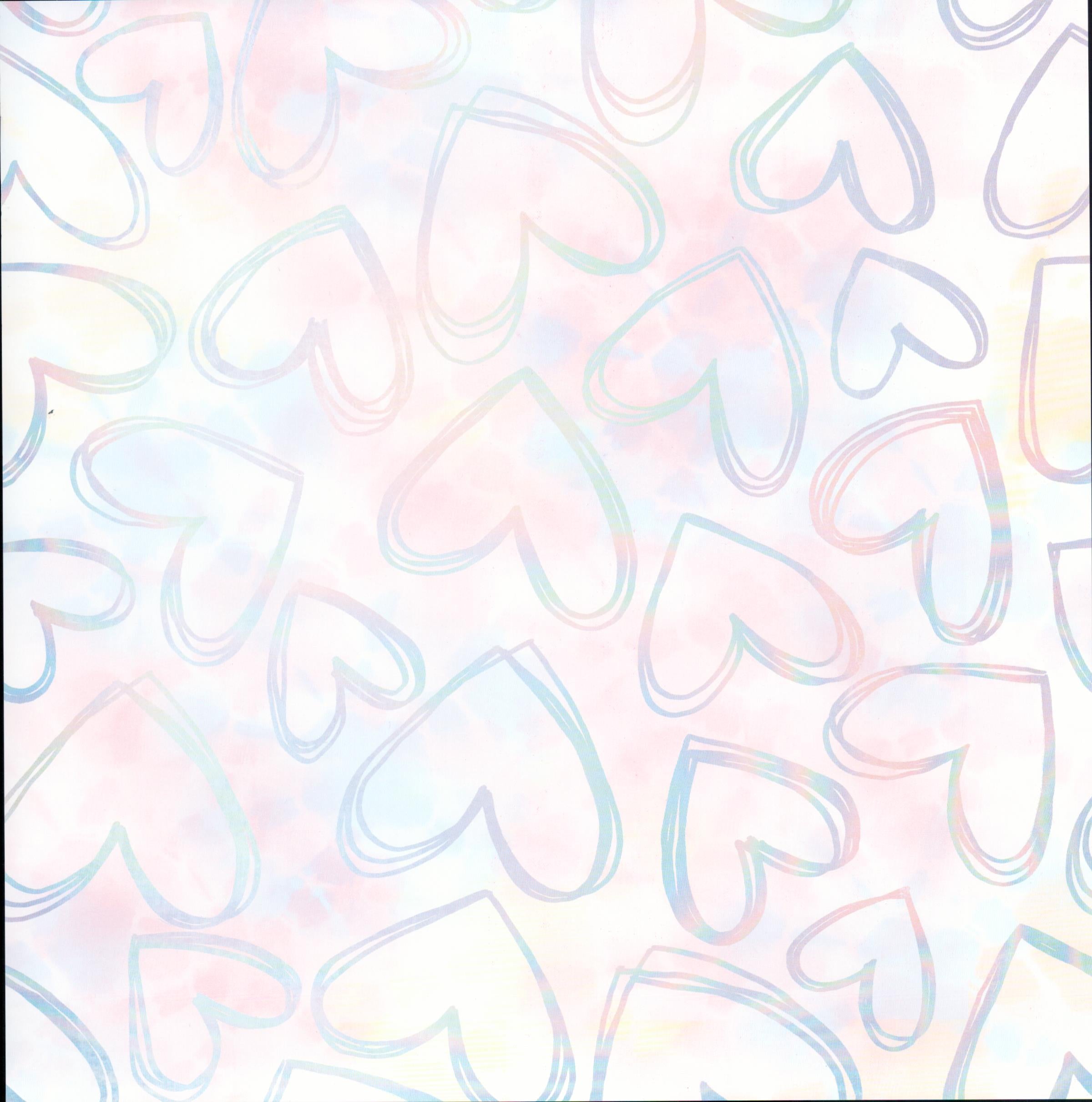 The Paper Studio Iridescent Hearts 12x12 scrapbook paper - large iridescent outlined hearts in soft pink, blue, lavender, yellow, and mint on white blush watercolor background